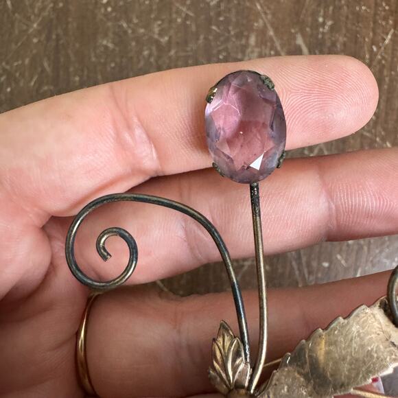 STERLING Antique Amethyst Floral Style‎ Brooch Pin - Picture 3 of 6